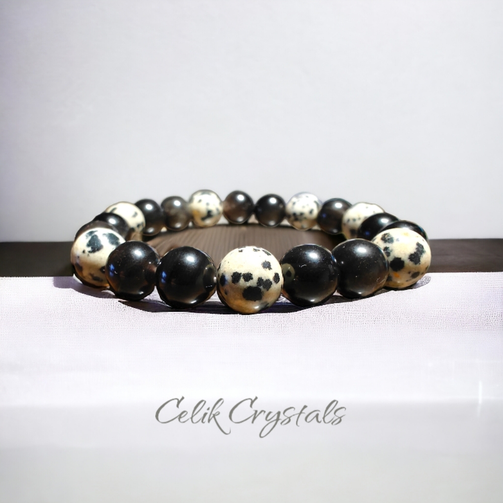Silver Obsidian and Dalmatian Stone Bracelet 10mm Unisex - Picture 3 of 5